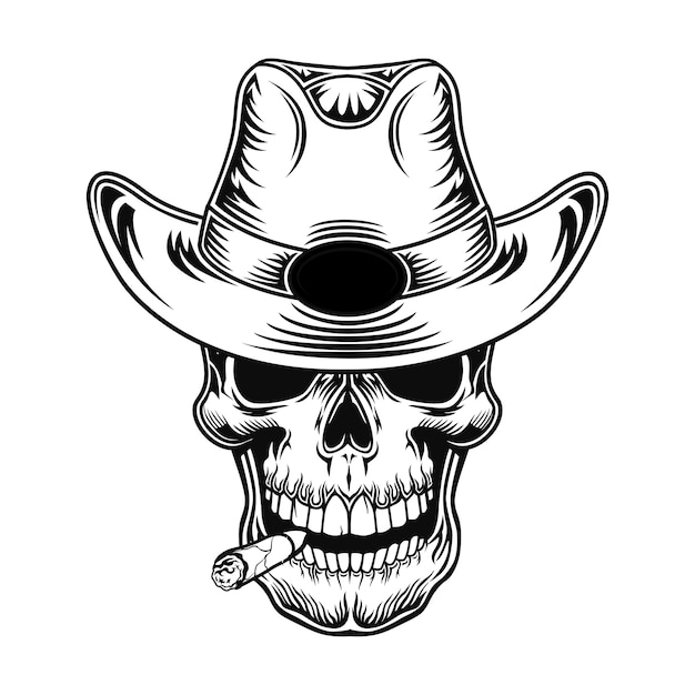 Cranio di illustrazione vettoriale cowboy. Testa di personaggio in cappello con sigaretta