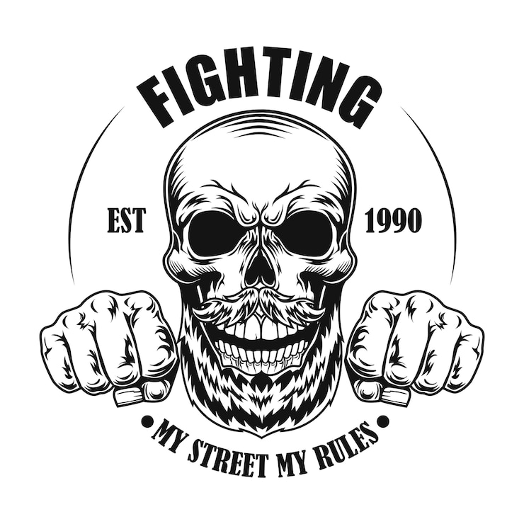 Vettore gratuito cranio di illustrazione vettoriale street fighter. testa e pugni del personaggio dei cartoni animati con testo