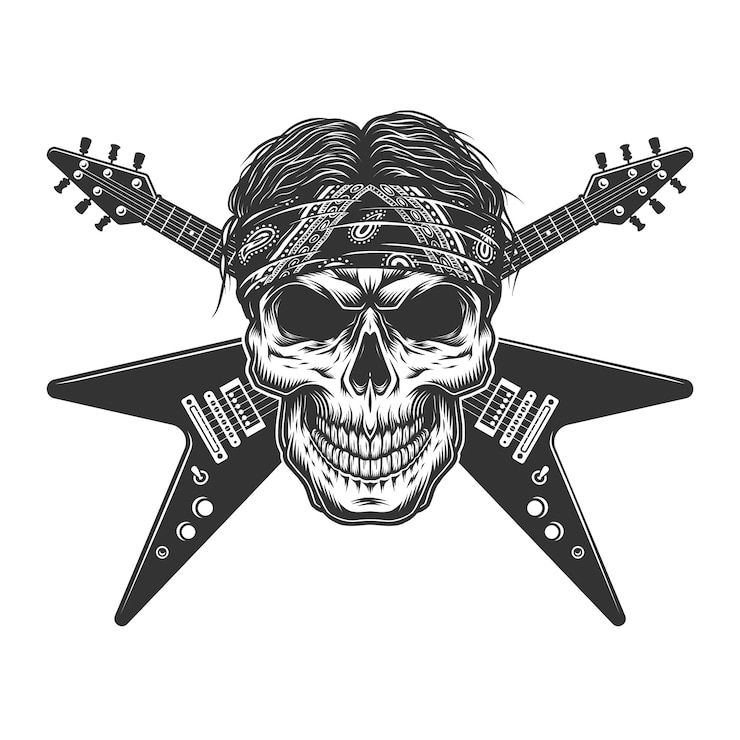 Vettore gratuito cranio di musicista rock monocromatico vintage