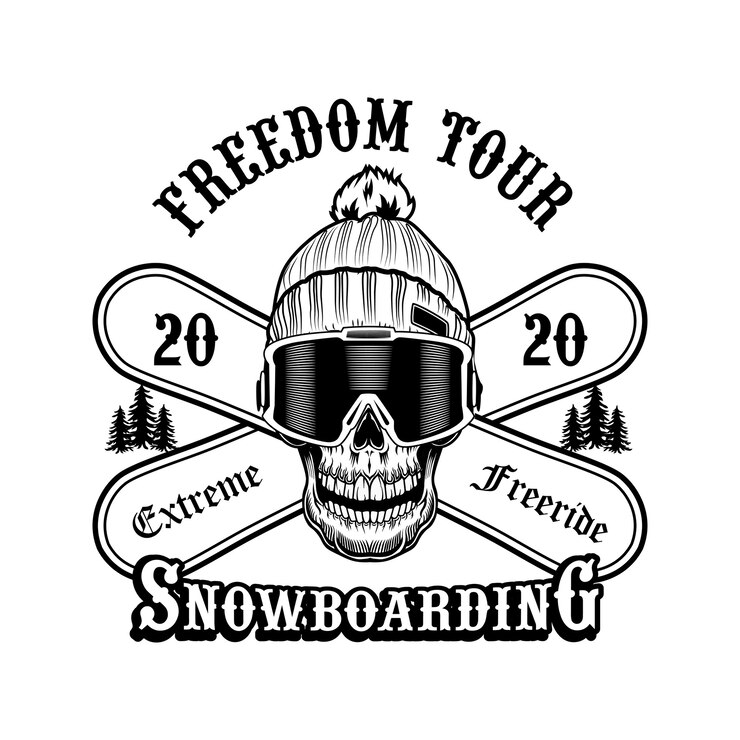 Vettore gratuito cranio di snowboarder in illustrazione vettoriale cappello. testa di scheletro, testo freeride estremo su tavole incrociate. attività invernali e concetto di sport per stazione sciistica o emblemi di club e comunità