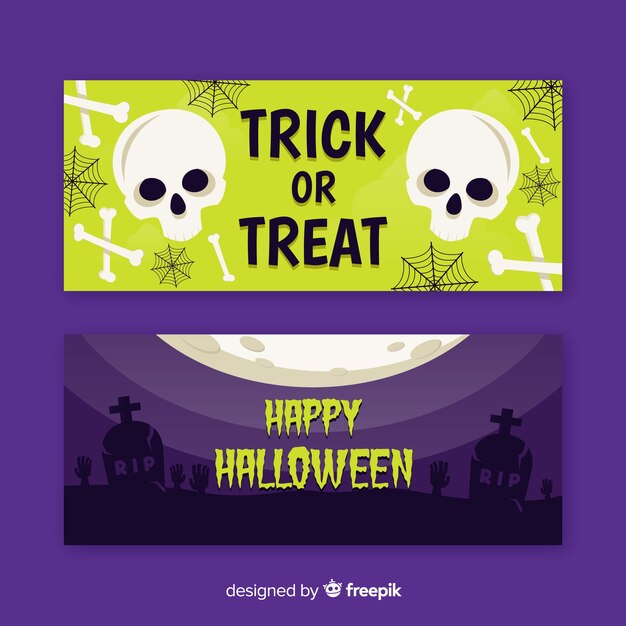 Cranio e morti piatti banner di halloween