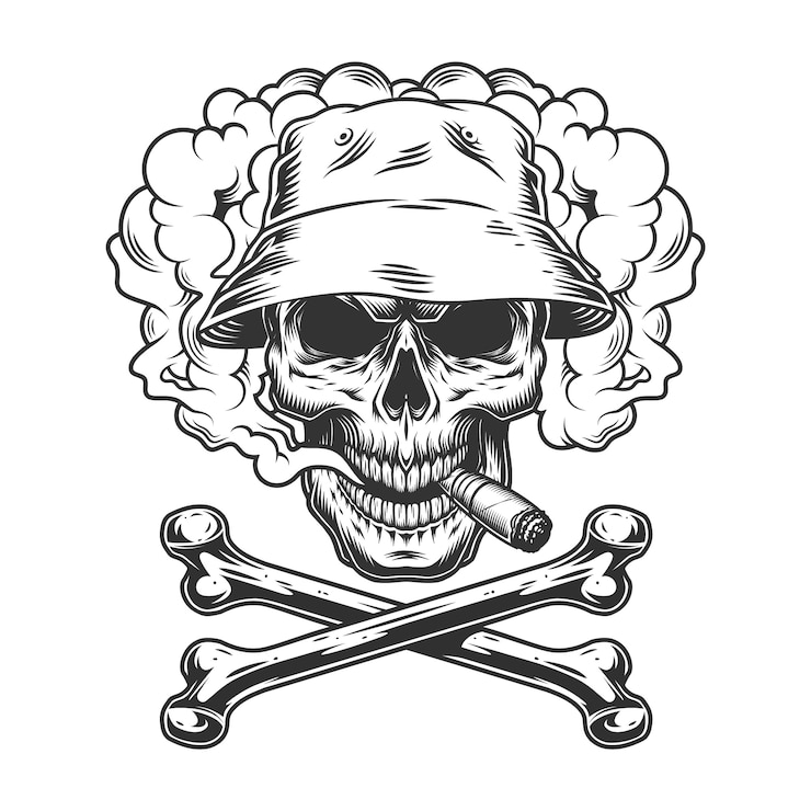 Vettore gratuito cranio in cappello di panama che fuma sigaro