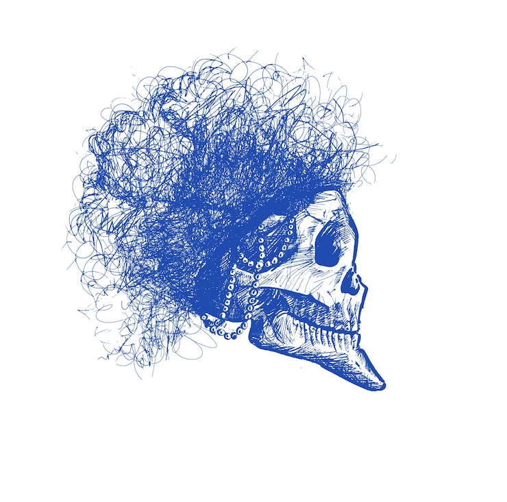 Vettore gratuito cranio umano con disegno di schizzo di capelli ricci