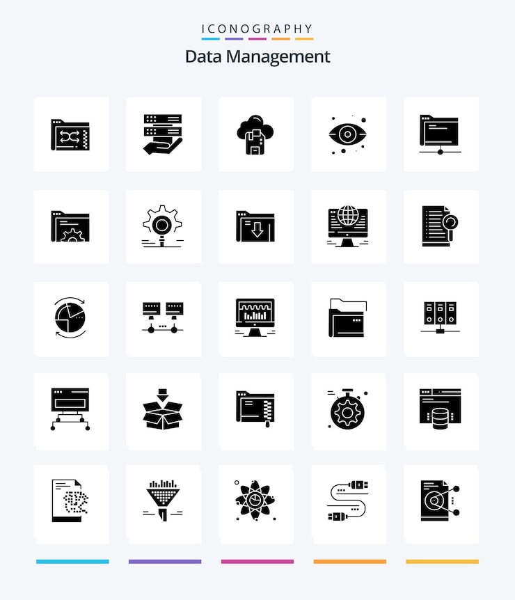 Vettore gratuito creative data management 25 glyph solid black icon pack come eye server hand sd cloud