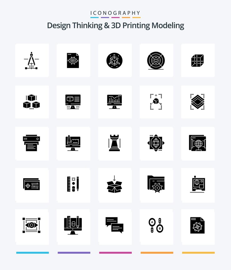 Vettore gratuito creative design thinking and d printing modeling 25 glyph solid black icon pack come il filamento di stampa in scala di una scatola di calcolo