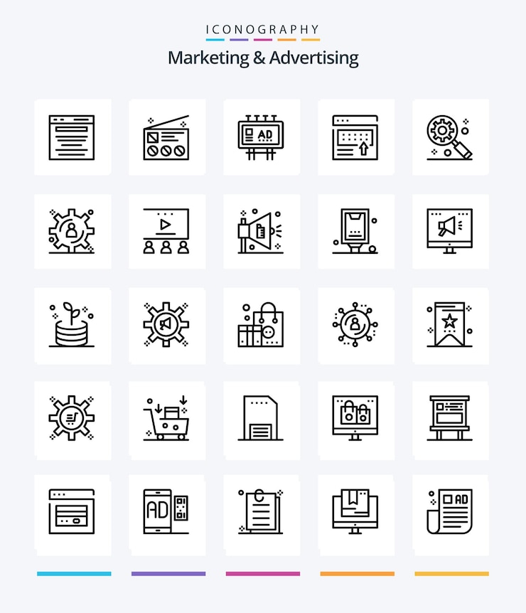 Vettore gratuito creative marketing and advertising 25 outline icon pack come banner pubblicitari notizie pubblicità marketing