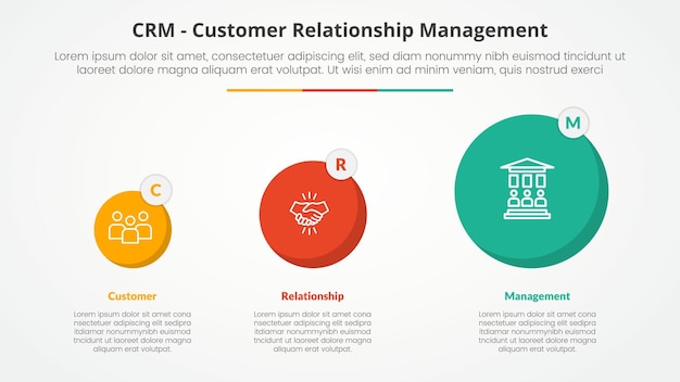 CRM gestione delle relazioni con i clienti concetto infografico per la presentazione di diapositive con trasformazione graduale del cerchio con lista a 3 punti con stile piatto