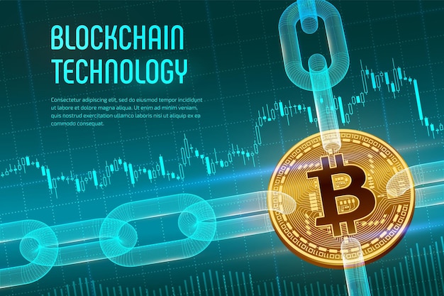 Crypto valuta Block chain Bitcoin 3D Physical golden bitcoin con catena wireframe su sfondo finanziario blu Concetto Blockchain Modello di criptovaluta modificabile Illustrazione vettoriale