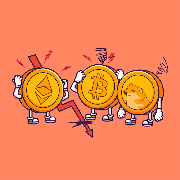 Vettore gratuito cryptocurrency coin down panic cartoon vector icon illustrazione finanza aziendale isolata piatta