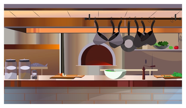 Cucina del ristorante con illustrazione di forno e bancone