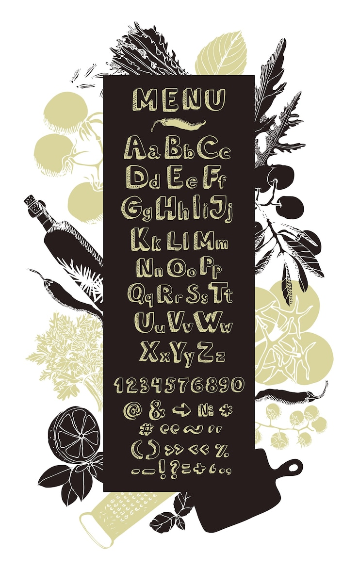 Vettore gratuito cucina di ristorazione menu carta alfabeto di disegno a mano