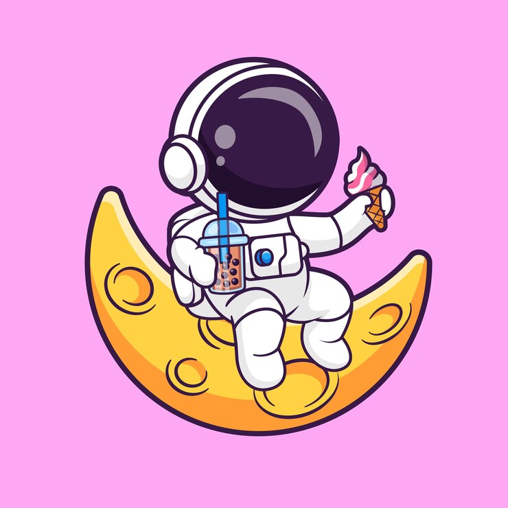 Vettore gratuito cucino astronauta che tiene la bolle di tè al latte e il cono di gelato sulla luna illustrazione di icona vettoriale di cartoni animati