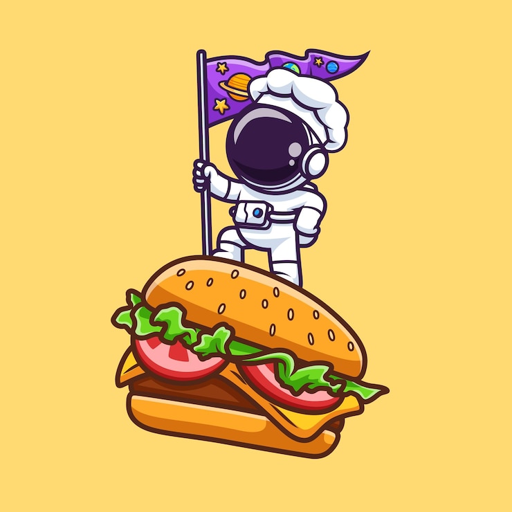 Vettore gratuito cucino astronauta chef in piedi su un hamburger con bandiera cartone animato vettoriale icona illustrazione scienza cibo piatto