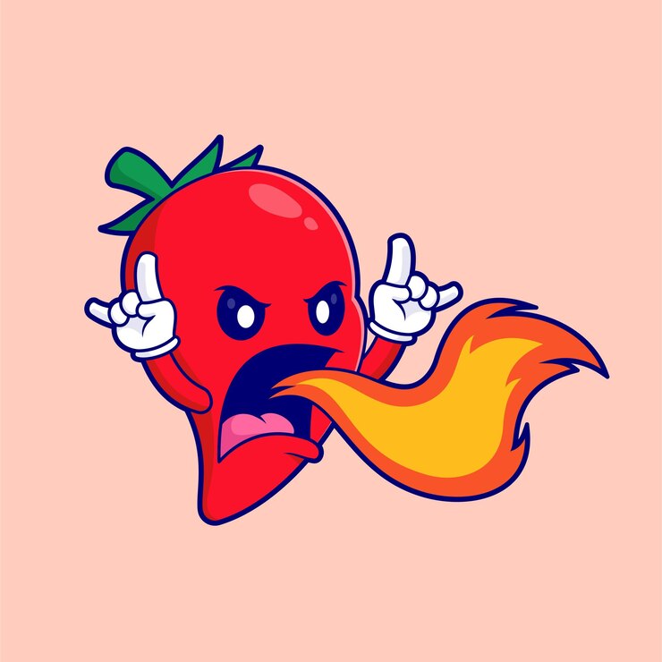 Vettore gratuito cucino piccante peperoncino con fiamma sulla bocca cartone animato vettoriale icona illustrazione cibo verdure piatto