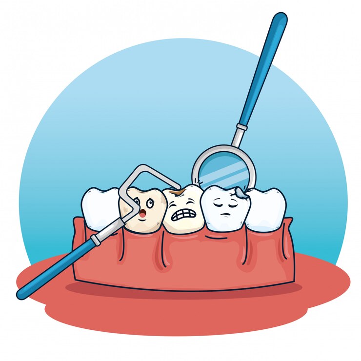 Vettore gratuito cura dei denti con escavatore e attrezzatura per specchietto