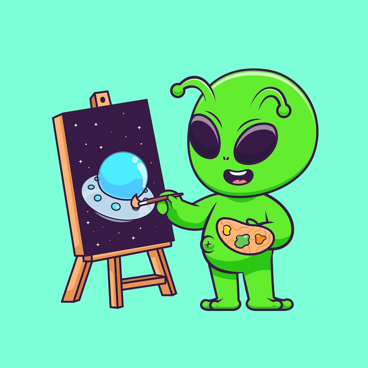 Vettore gratuito cute alien painting ufo cartoon vector icon illustrazione scienza arte icon isolato flat vector