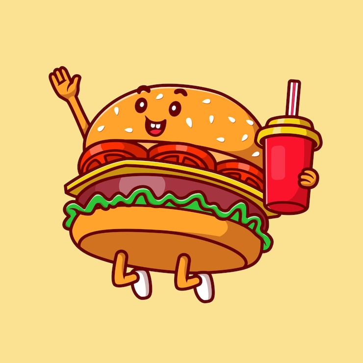 Vettore gratuito cute burger holding soda drink cartoon vector icon illustration concetto di icona vacanza cibo isolato