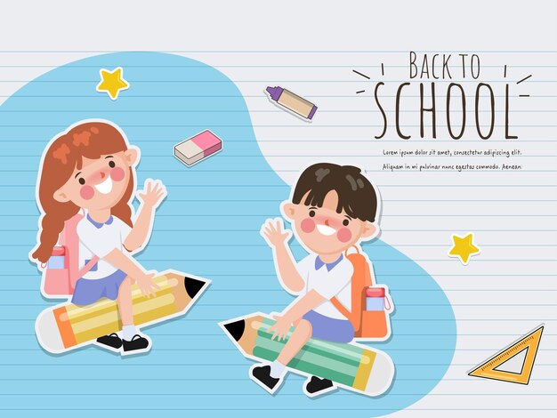 Cute cartoon studente ragazza torna a scuola con il concetto di cancelleria sfondo