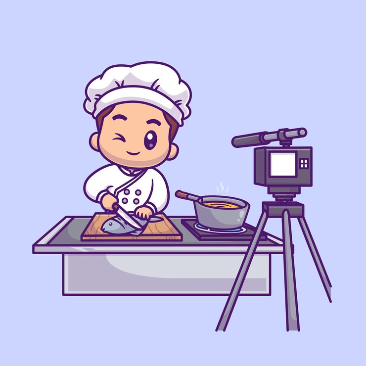 Vettore gratuito cute chef che registra la cottura del pesce con la telecamera cartoon vector icon illustrazione persone cibo isolato