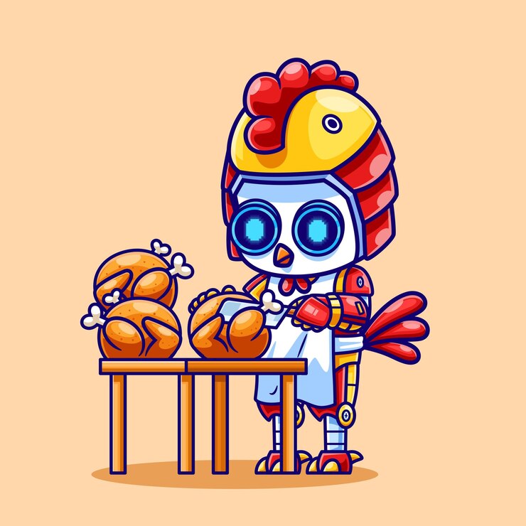 Vettore gratuito cute chicken robot slice carne di pollo cartoon vector icon illustrazione tecnologia animale isolata