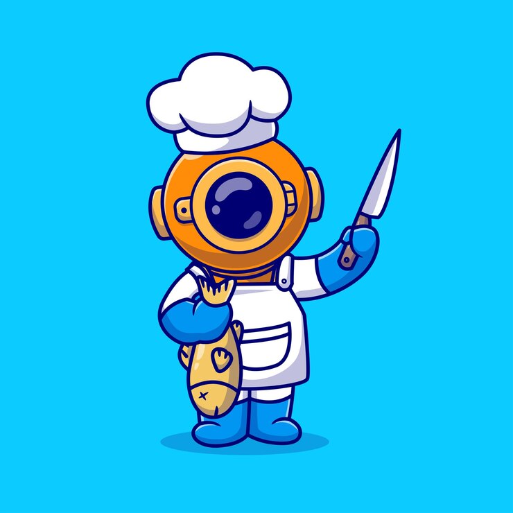 Vettore gratuito cute diver chef con pesce e coltello cartoon vector icon illustrazione scienza iconica alimentare isolata
