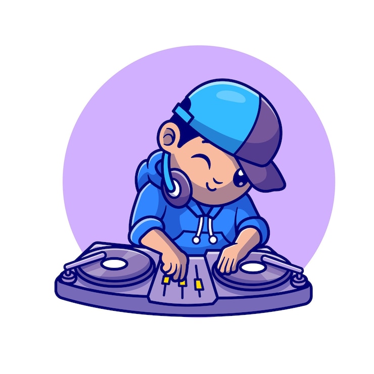 Vettore gratuito cute dj che suona musica icona del fumetto vettoriale. concetto di icona di musica di persone isolato vettore premium. stile cartone animato piatto