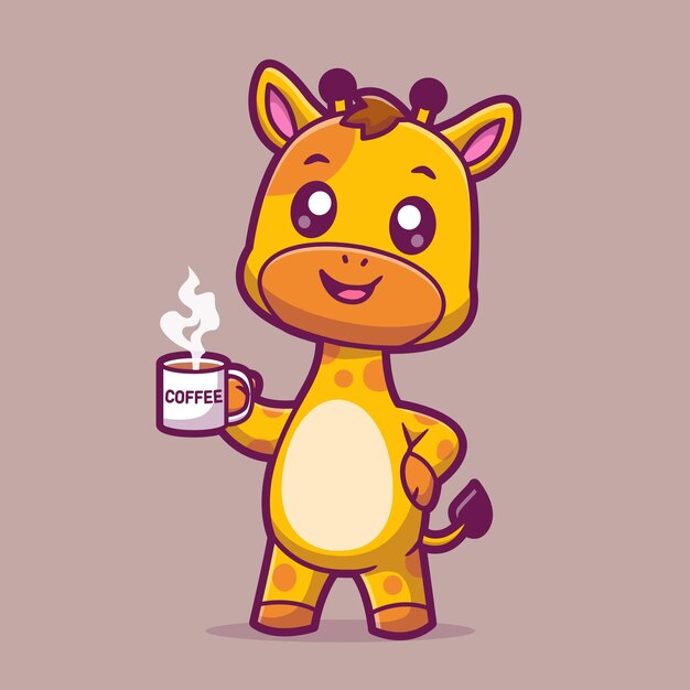 Cute Giraffe che beve caffè Cartoon Iconica vettoriale Illustrazione Iconica di bevande per animali Isolata piatta