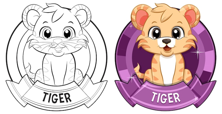 Vettore gratuito cute mascotte di tigre con distintivi circolari