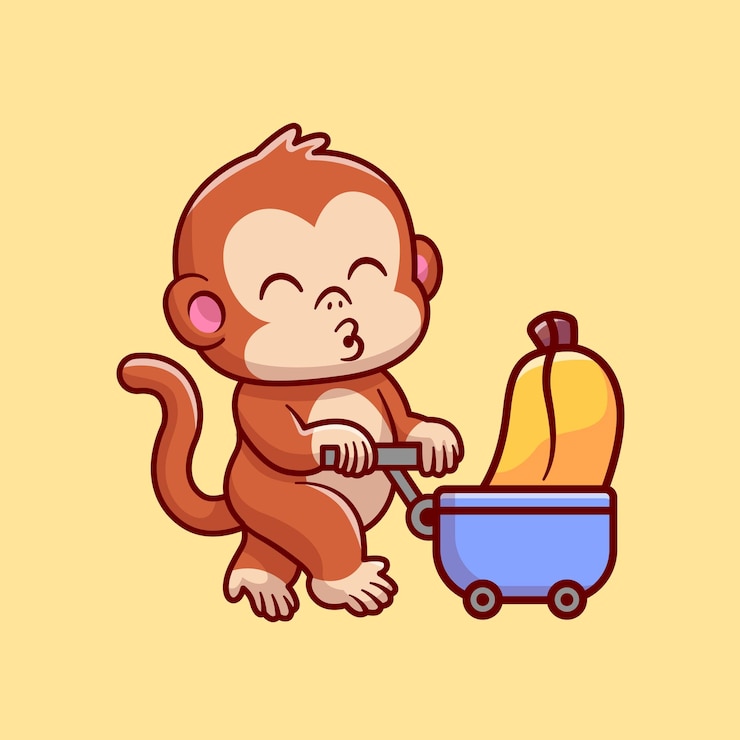 Vettore gratuito cute monkey portare banana con carrello cartoon vettore icona illustrazione. icona della natura animale isolata