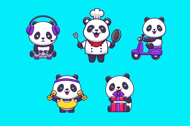 Cute Panda Activities Illustrations Pack Cartoon Vector Icon Illustration Natura animale isolata