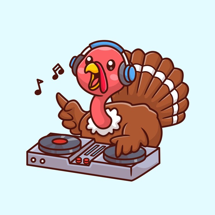 Vettore gratuito cute turkey bird chicken suona dj musica elettronica con cuffie cartone animato vector icon illustrazione
