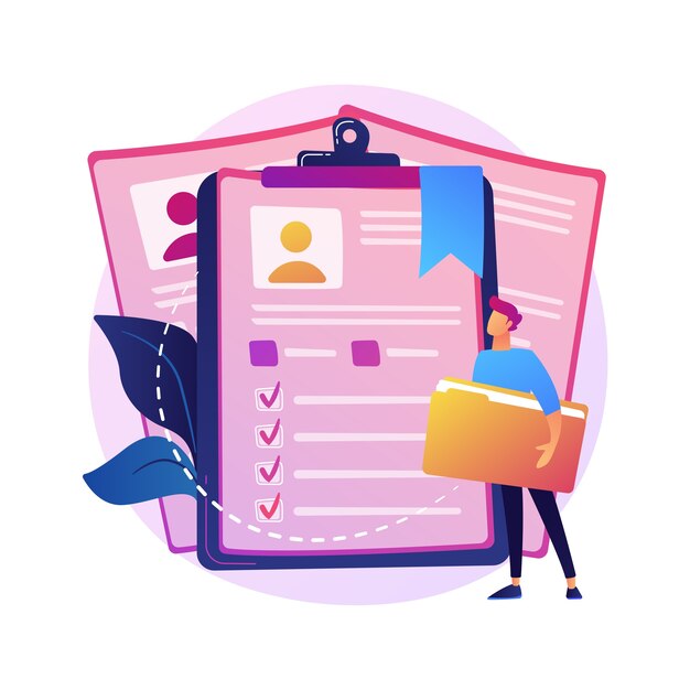 CV dipendenti, curriculum candidati. Lavoratori aziendali, ID studenti isolare elemento di design piatto. Candidature di lavoro, avatar, informazioni personali.