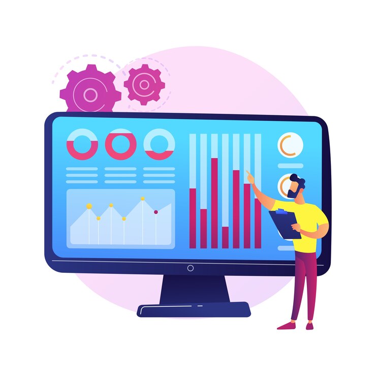 Vettore gratuito data center per social media. statistiche smm, ricerche di marketing digitale, analisi delle tendenze di mercato. esperto femminile che studia i risultati del sondaggio online