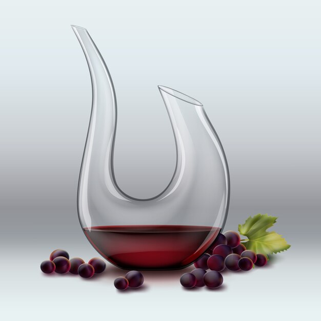Decanter vettoriale con vino ang uva rossa isolato su sfondo grigio sfumato