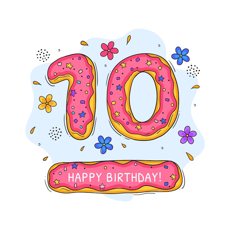 Vettore gratuito decimo anniversario o compleanno disegnato a mano