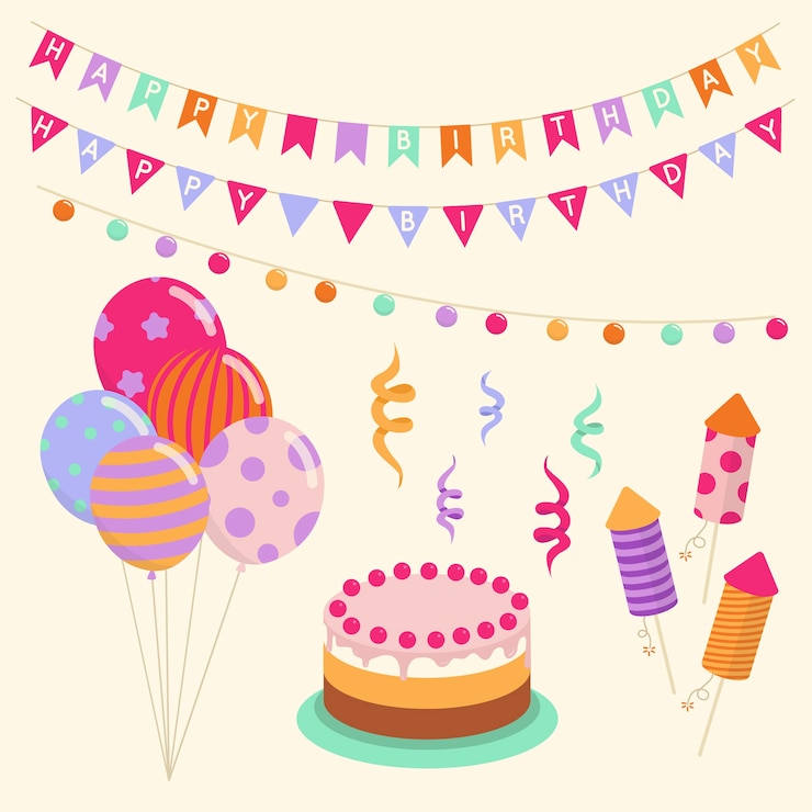 Vettore gratuito decorazione torta e palloncini di compleanno