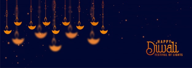 Deepawali diya decorazione sul banner blu