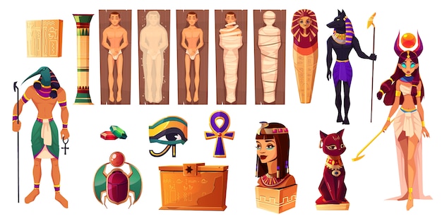 Dei egizi Thoth e Hathor. Attributi antichi di cultura e religione impostati.
