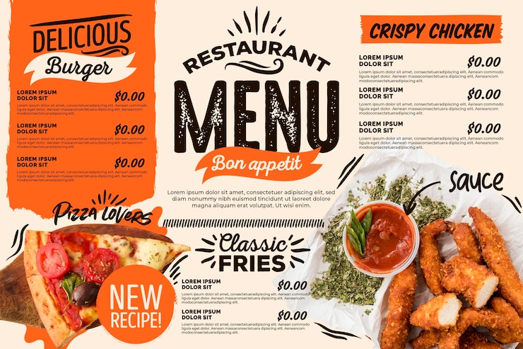 Vettore gratuito delizioso menu digitale orizzontale del ristorante