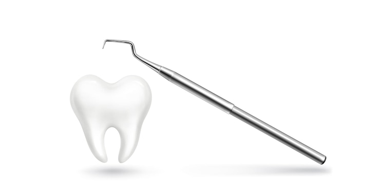 Vettore gratuito dente bianco 3d con sfondo vettoriale di utensili dentali