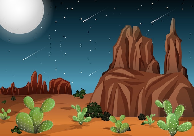 Deserto con montagne rocciose e paesaggio di cactus alla scena notturna