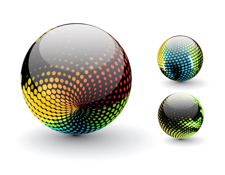 Vettore gratuito design a sfera semitono astratto colorato lucido con diversi modelli