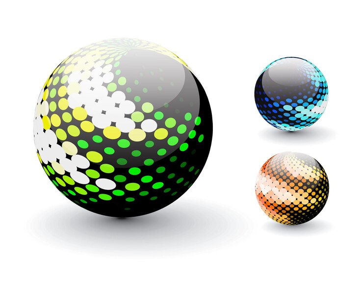 Vettore gratuito design a sfera semitono astratto colorato lucido con diversi modelli.