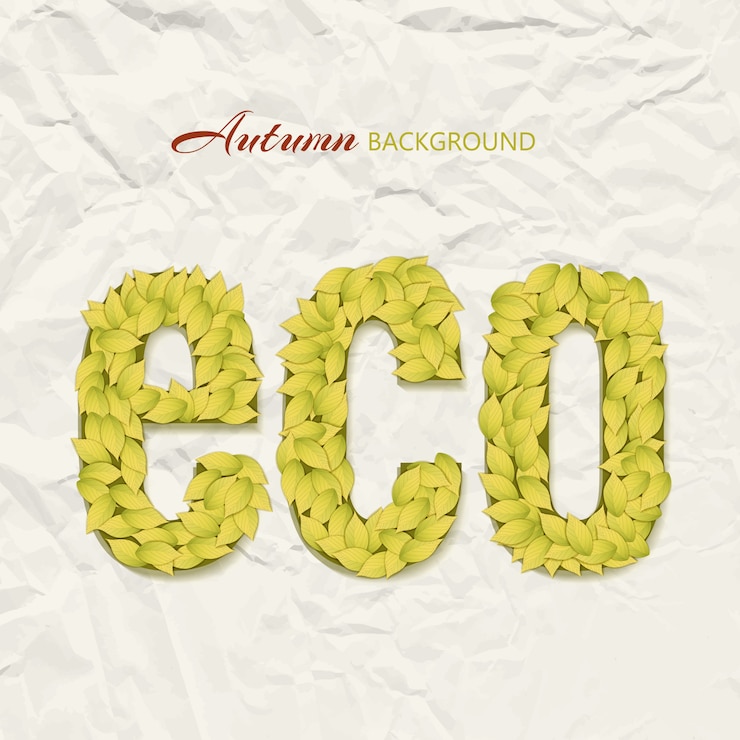 Vettore gratuito design a tema autunnale su carta stropicciata con lettere eco composta da foglie gialle