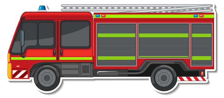 Vettore gratuito design adesivo con vista laterale del camion dei pompieri isolato