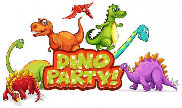 Design dei caratteri per la parola festa di dinosauro con molti dinosauri