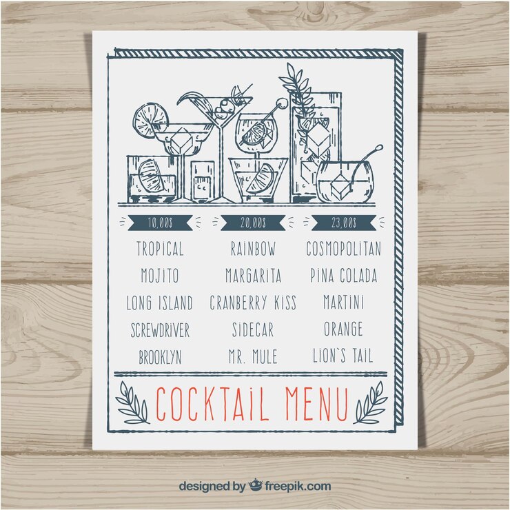 Vettore gratuito design del menu cocktail bianco