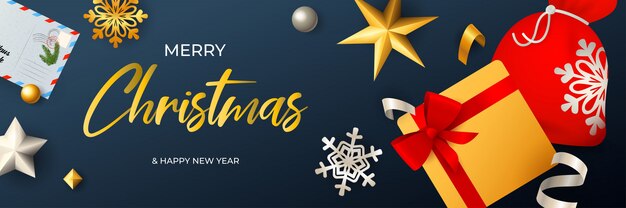 Design di banner di buon Natale con sacco di Babbo Natale e scatola regalo