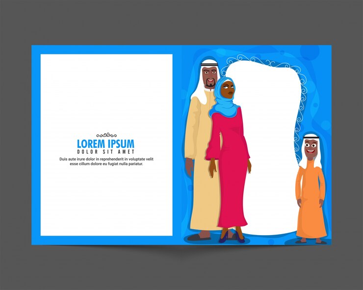 Vettore gratuito design elegante biglietto di auguri con l'illustrazione di felice famiglia araba per comunità musulmana concetto festival celebrazione