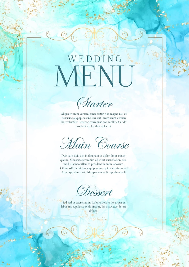 Vettore gratuito design elegante del menu del matrimonio con disegno di inchiostro alcolico dipinto a mano